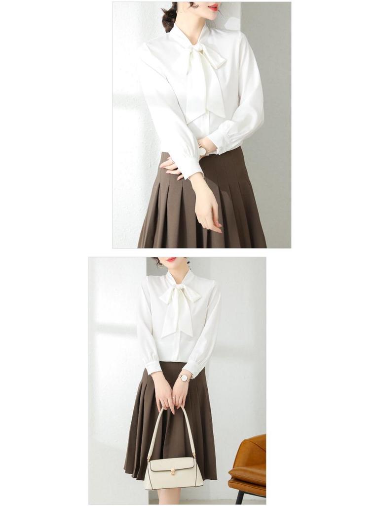 Acetate Satin French Court Shirt: 2025 Spring/Autumn Bow-Tie Blouse