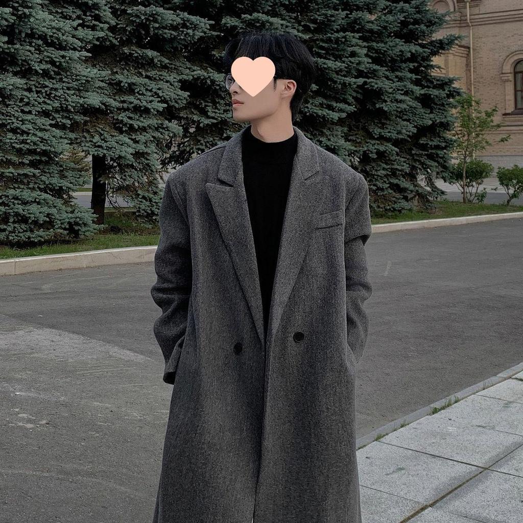 Men's Korean Style Over-the-Knee Wool Winter Coat - Thickened, Mid-Length, Loose Fit