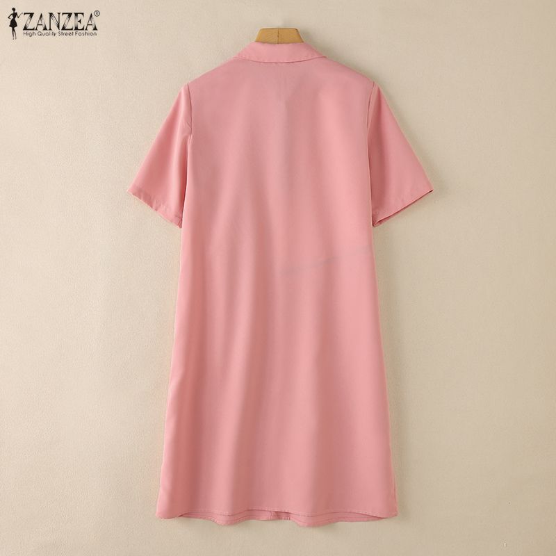 ZANZEA Women Casual Turn Down Collar Short Sleeve Patchwork Dress