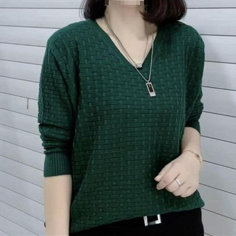 Large Size Autumn and Winter Women's Western Style All-match Long-sleeved V-neck Sweater Women's Solid Color Loose Knitted Bottoming Shirt