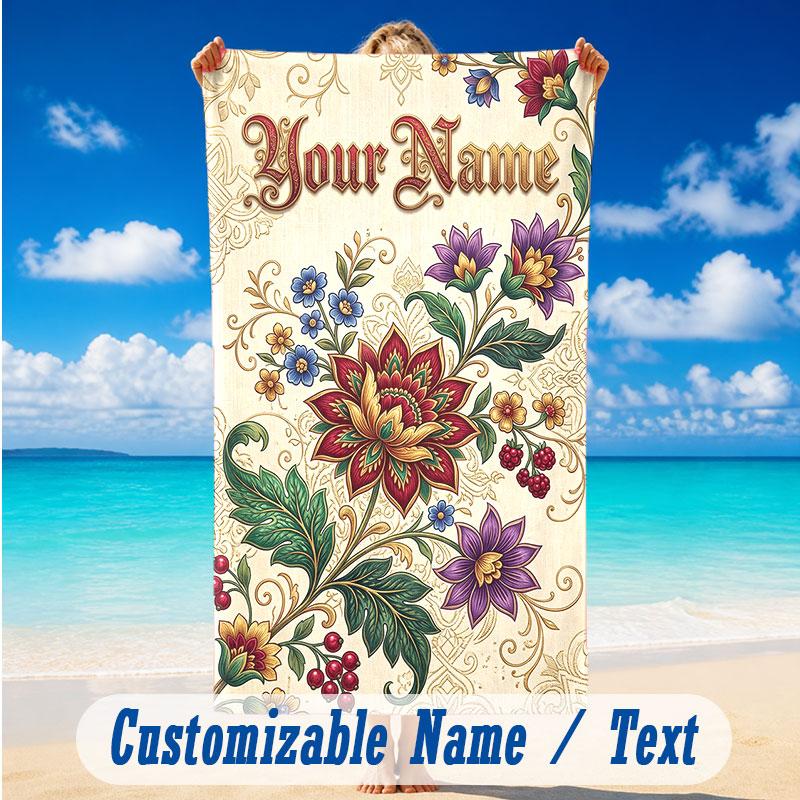 Floral Garden Theme Beach Towel Personalized Custom Name & Text Soft Quick Dry Beach Towel for Swimming Travel