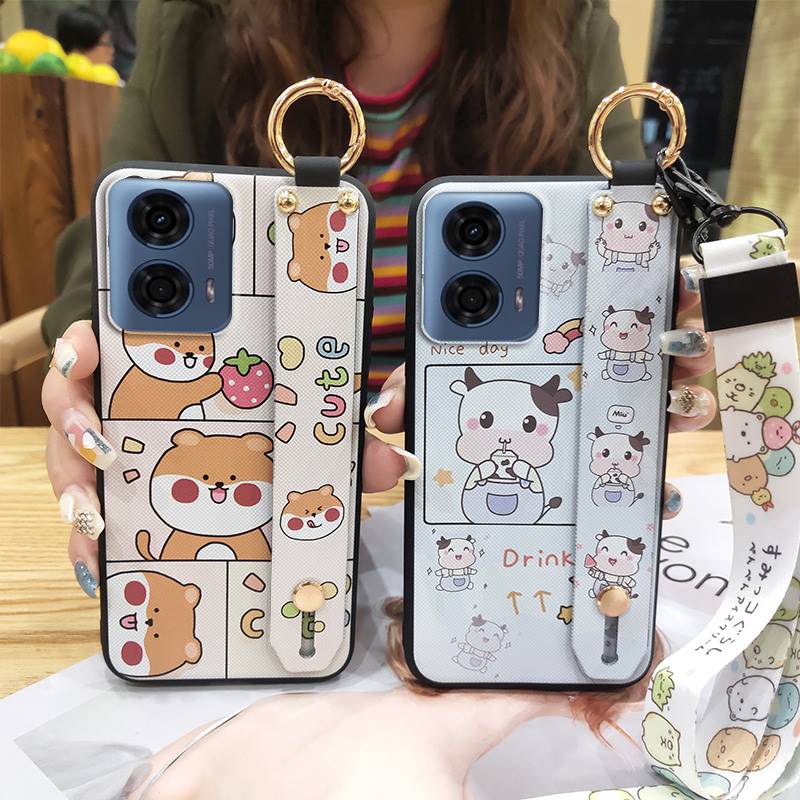 Ring Waterproof Phone Case For MOTO G24 Power Back Cover Anti-dust Durable Wristband Kickstand Protective Lanyard Cute