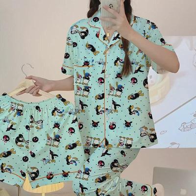 Pigiama da donna a maniche corte con stampa pinguini - Cardigan estivo e pantaloncini per stare in casa o da indossare all'aperto