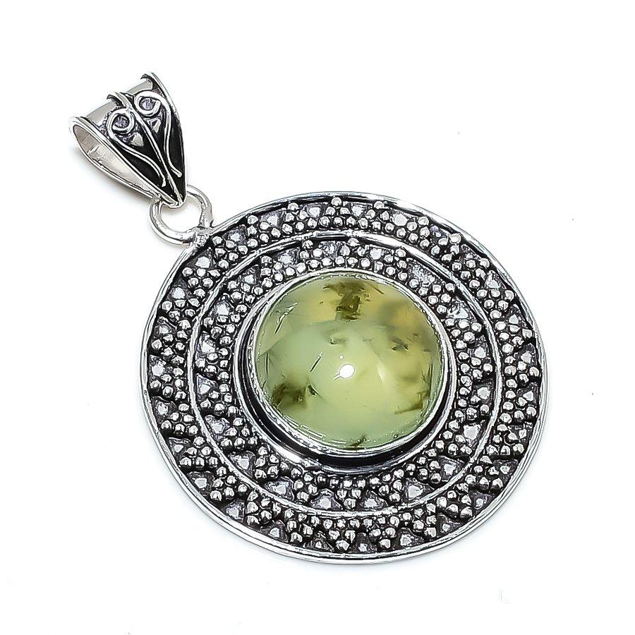 Prehnite Gemstone Handmade 925 Sterling Silver Jewelry Pendant 2.17" SU-9916