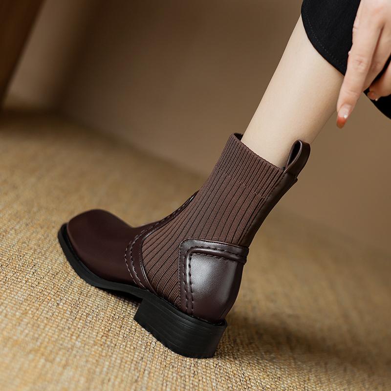 Krazing Pot Microfiber Autumn Winter Shoes Thick Med Heels Size 43 Chelsea Boots Back Knitwear Beauty Lady Stretch Ankle Boots