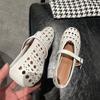 Spring and summer leather shallow mouth one-word buckle belt hollow round head flat sole shoes women's ballet boat shoes leather shoes