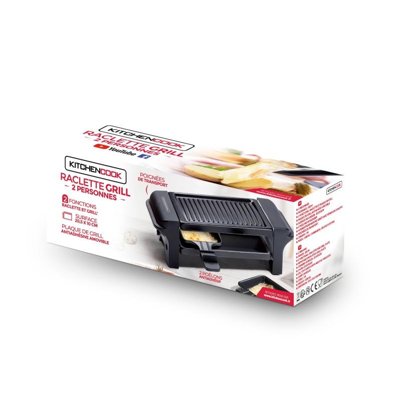 KitchenCook Raclette Machine - 2 People - 350w - Removable Non-Stick Grill - 2 Pans - Carrying Handle