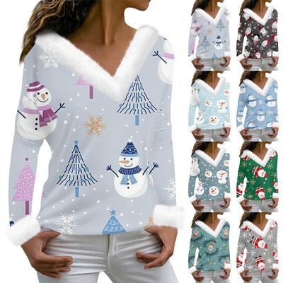Women's Fashion Long Sleeve Christmas Printed Party Plush Neck V-Neck Top