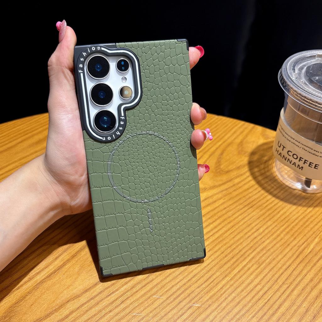 Crocodile Grain Leather Shockproof Magnetic ForMagsafe Case Samsung S25 S24 S23 Plus Ultra Business Lens Protection Phone Cover