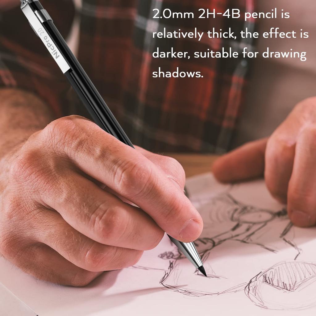 Nicpro Mechanical Black Metal Drafting mm Graphite Lead Holder for and Includes 8 Lead Refills and Eraser Case Pencils, 6-Piece Set, Pencils, 0.3 &