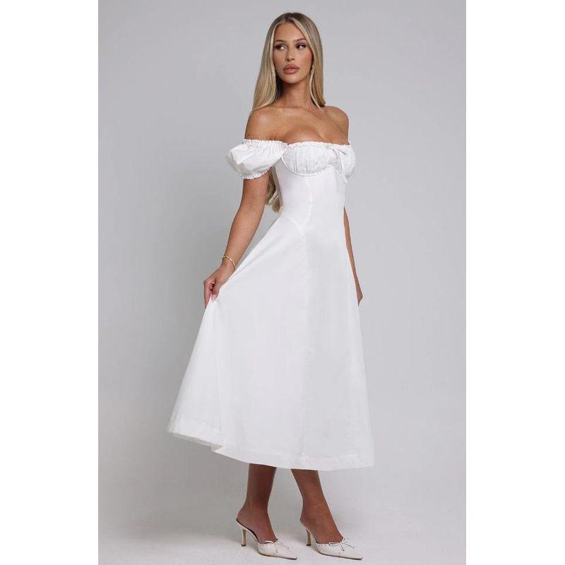 

White Tea Pearl Babyboo French Sweet Gentle Bows off-Shoulder Puff Sleeves Vacation Mid-Length Dress White L