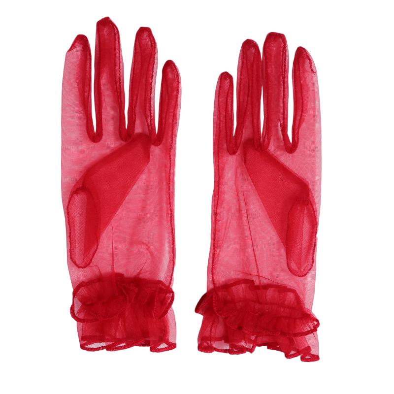 

1 Pair Gloves for Women Mesh Lace Full Finger Fashion Short Tulle Elastic Etiquette Lotus Leaf Shears Black Gloves for Females червоний