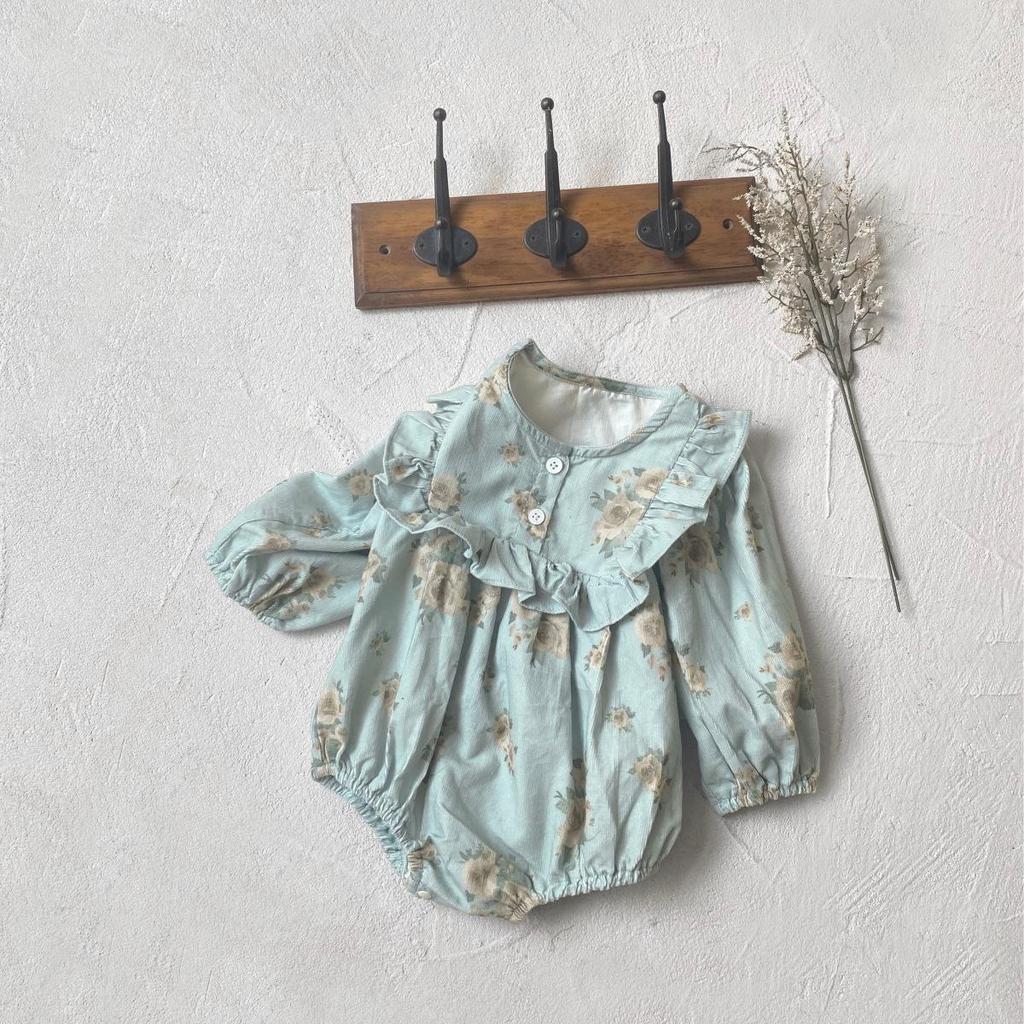 Nordic A-Class Baby Girl Floral Corduroy Romper with Puff Sleeves