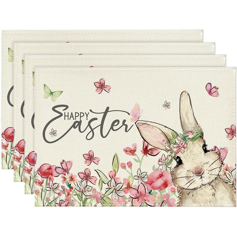 Easter Bunny Placemats Watercolor Floral Table Decor Non-Slip Heat Resistant Dinner Mat Spring Holiday Home Decor Tableware Pad