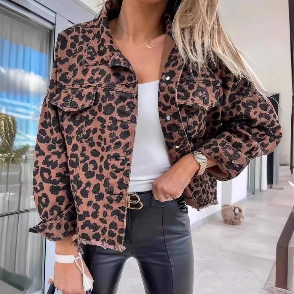 2024 Spring/Autumn Leopard Print Denim Jacket - Long Sleeve, Short, Loose Fit