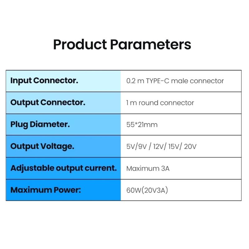 Type C to DC521 Power Cable Adjustable Voltages Adapter Cord 5V~20V for Type C Devices with LED Indicator Light