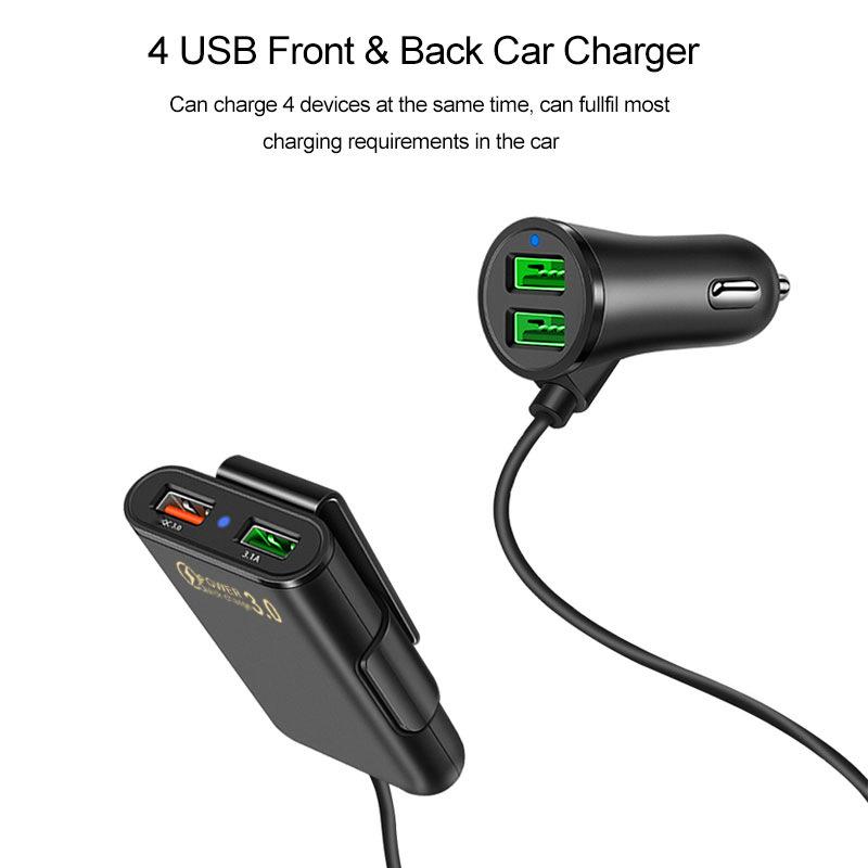 36W USB Car Charger Fast Charging One To Four Rear Seat Car Charge QC3.0 for IPhone Xiaomi 13 Samsung Huawei Car Phone Adapter