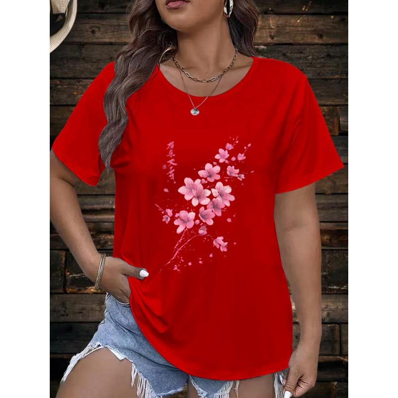 

Flower print European and American large size fashionable round neck short-sleeved T-shirt S