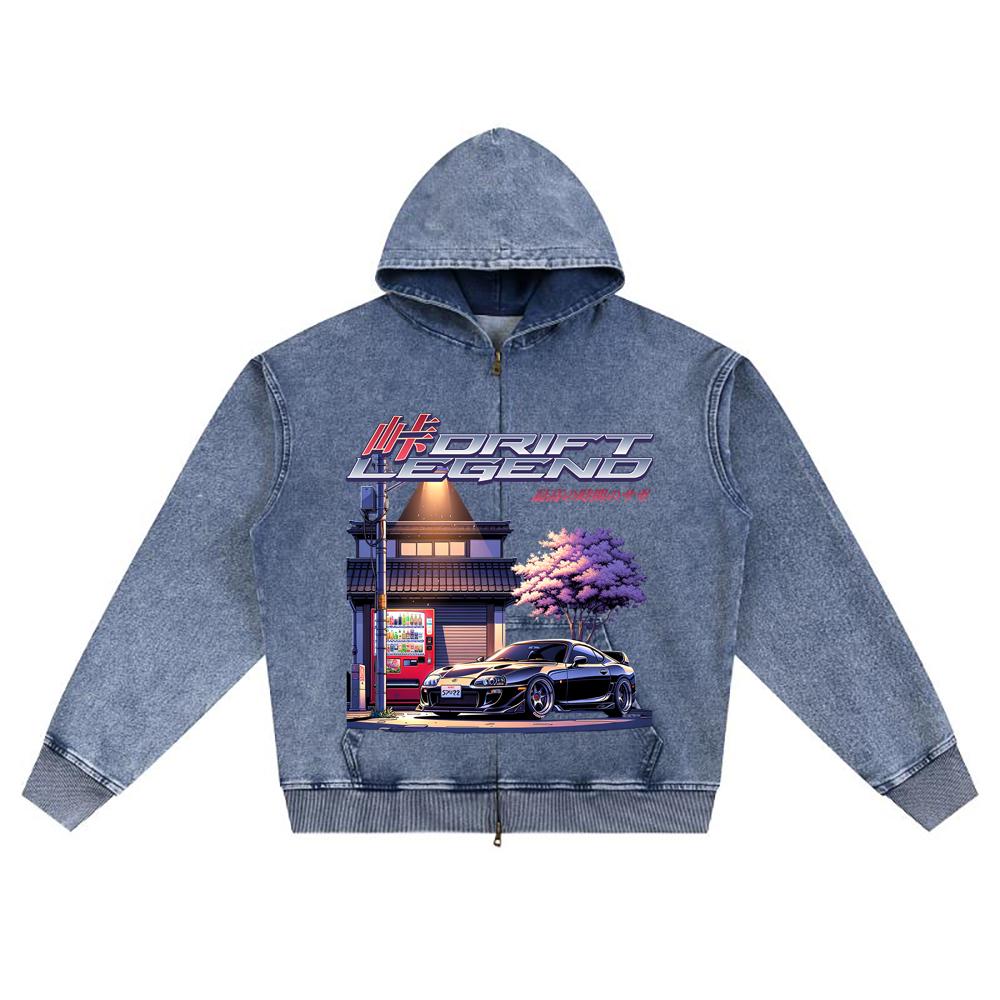 DTG Print Knitted Denim Zip-Up Hoodie Drift Legend Brother Print Zipper Hoodies  