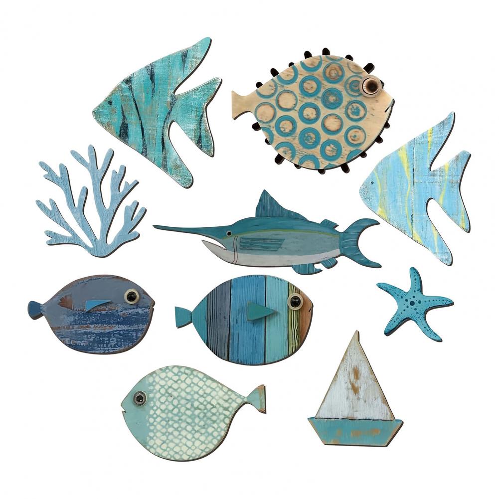 

10Pcs/Set Fish Wall Decoration 8-17cmCoastal Style Wooden Fish Beach Theme Wall Art Fish Ornament For Walls Doors Bedrooms Rooms