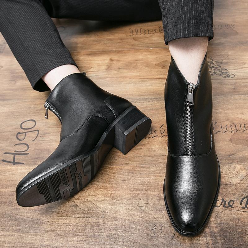 Martin Boots Leather Medium Top Pointed Fleece High Top Leather Shoes Chelsea Boots Black Hairstylist Short Boots