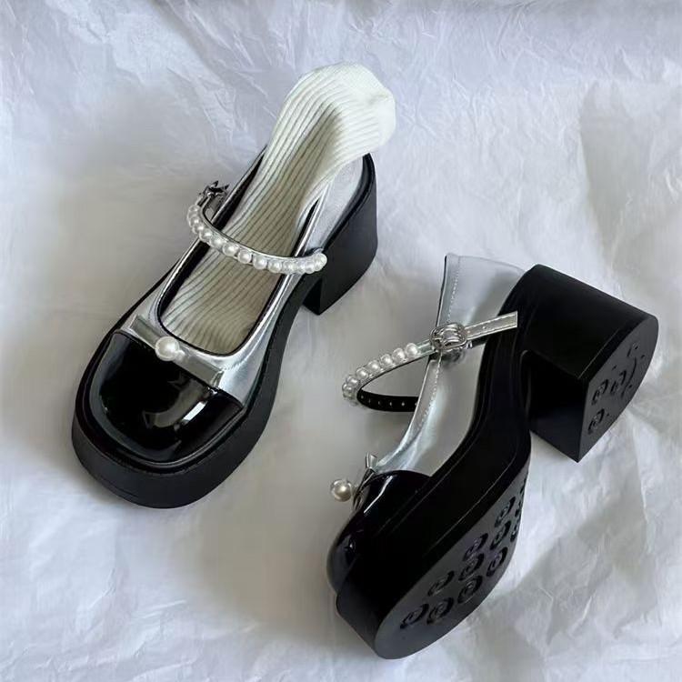 Xiaoxiangfeng French High-heeled Mary Jane Small Leather Shoes Women's Skirt Bow Pearl Black and White Color Matching Thick Heel Single Shoes