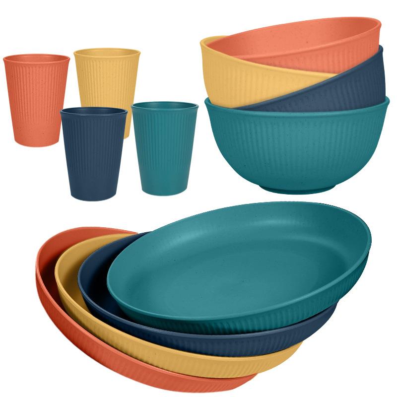 

12Pcs Colourful Wheat Straw Dinnerware Sets Reusable Wheat Straw Plates and Bowls Sets Kitchen Unbreakable Dinnerware Sets
