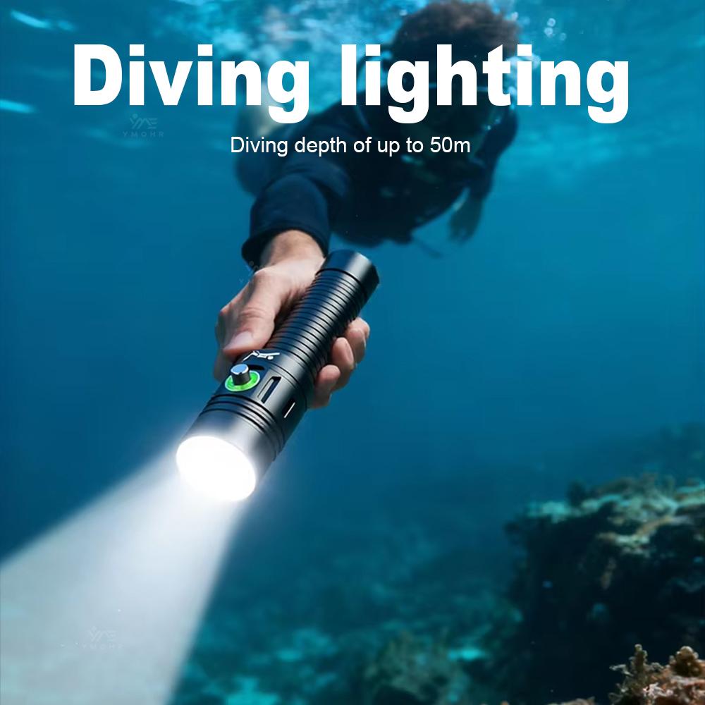 50M Professional Diving Torch IPX8 Waterproof USB C Rechargeable LED Flashlight 18650 Wrist Strap Underwater Scuba Diving Light
