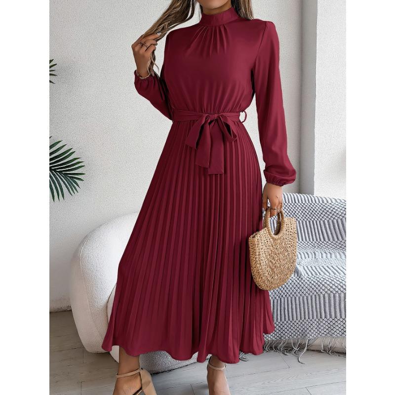 Spring and Autumn Elegant Stand Collar Long-sleeved Waist-fitting Pleated Women's Dresses