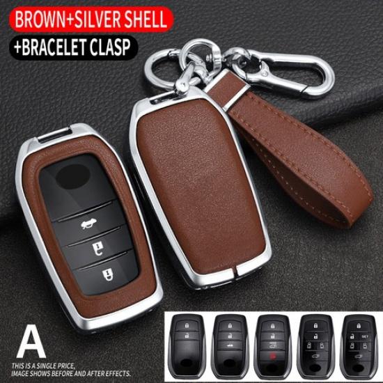 For Toyota Sienna Venza Yaris Corolla Cross Metal Leather Car Key Fob Cover Case