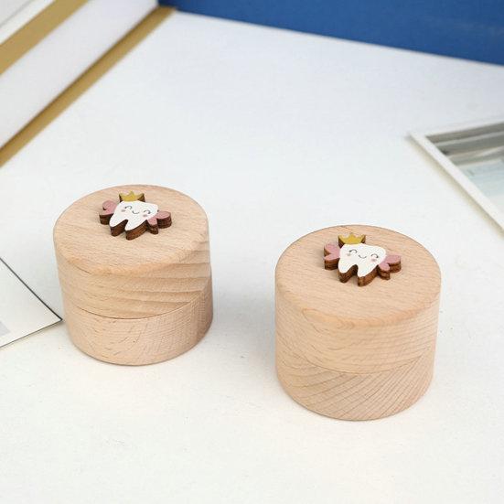 Wood Baby Teeth Box Cartoon Cute Round Small Lost Tooth Keepsake Storage Saver Container Box Birthday Baby Shower Boys Girls Gift