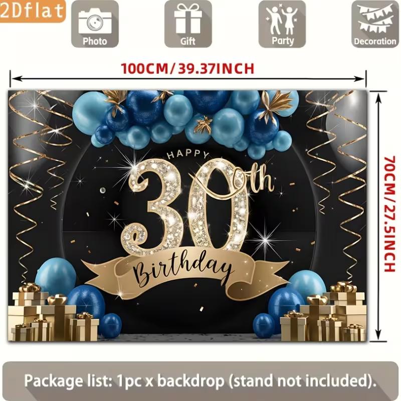 2D 30th Birthday Photography Backdrop Black Background with Gold Number and Blue Balloons