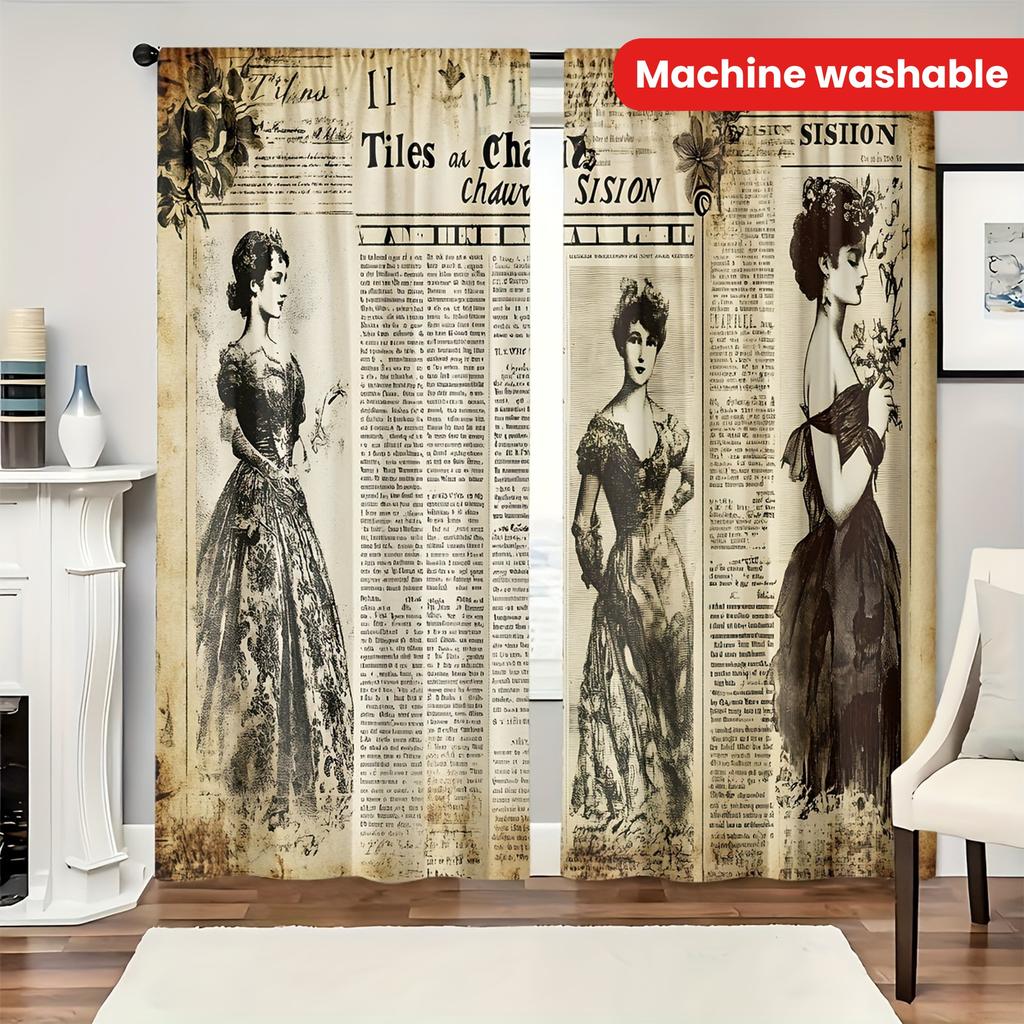 2 Pieces of Retro Newspaper Printed Curtains, Pole Bag Curtains 30*65, Bedroom and Living Room, Home Decoration, Room Decoration