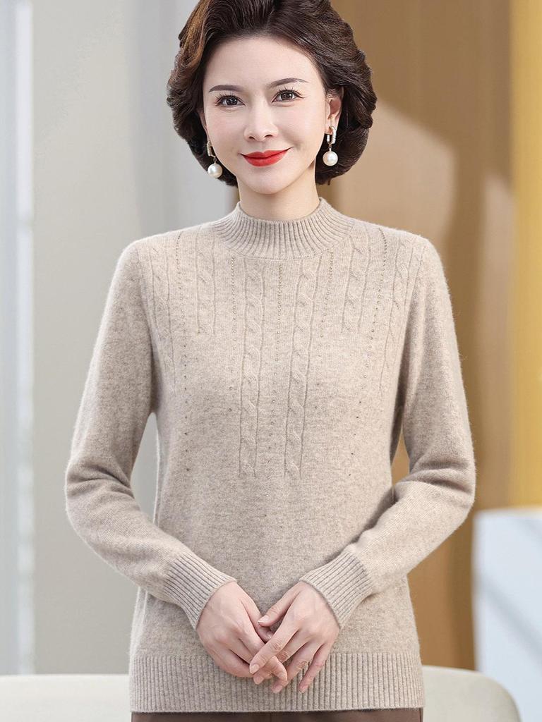 Luxuriöser Wollpullover für Frauen mittleren Alters und ältere Frauen – Dick, Ganzkörper, Halboher Kragen, Perfekt für Herbst und Winter.