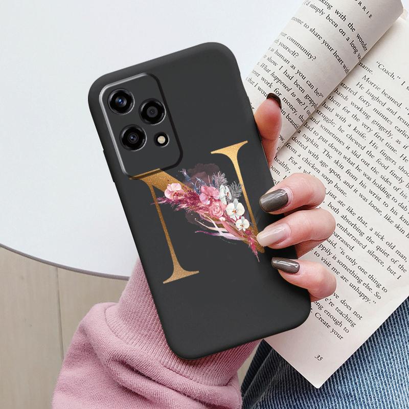 Gold Letter Case For Honor 200 Pro Lite Smart Black Shell Soft Cover For Honor 200Lite Protector Shockproof Funda Pink Flower