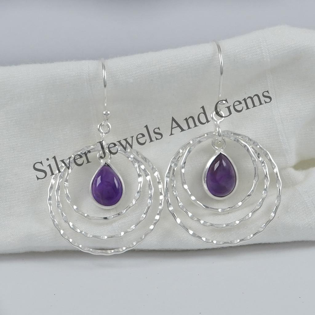 Amethyst Hammered Earrings, Designer Light Weight Earring, 925 Sterling Silver Teardrop Amethyst Earring, February Birthstone Earring