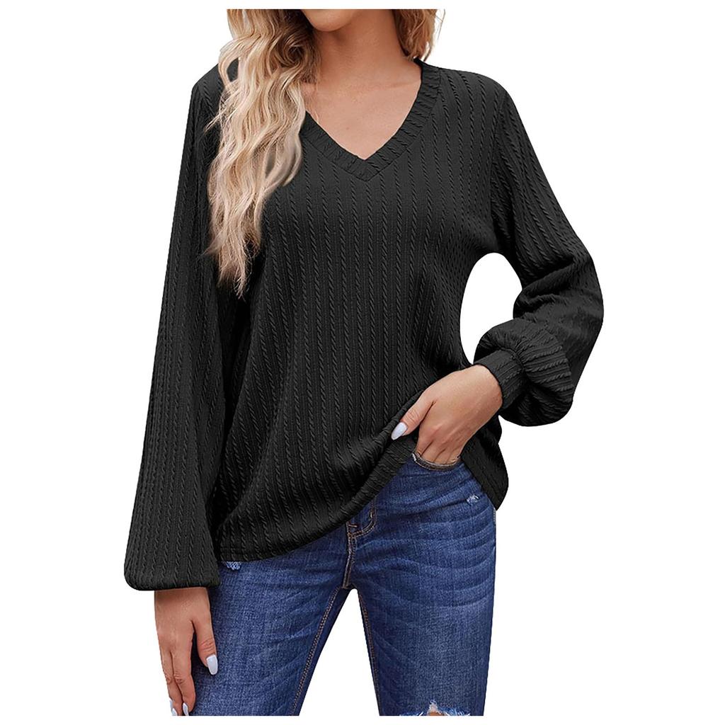 Women's Casual Loose Fitting Solid V-neck Long Sleeved V-neck T-shirt Women's Top