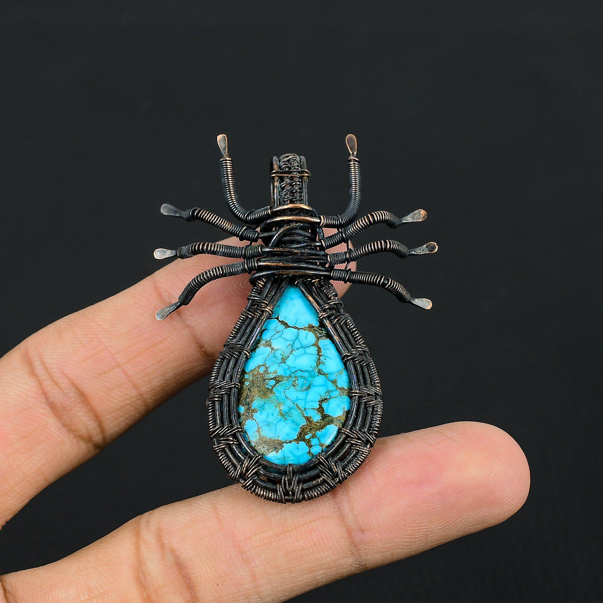 

Tibetan Turquoise Pendant, 999 Copper Wire Wrapped Gemstone Spider Shaped Jewelry, Handmade Pendant, For Thanksgiving 2.55 Inches