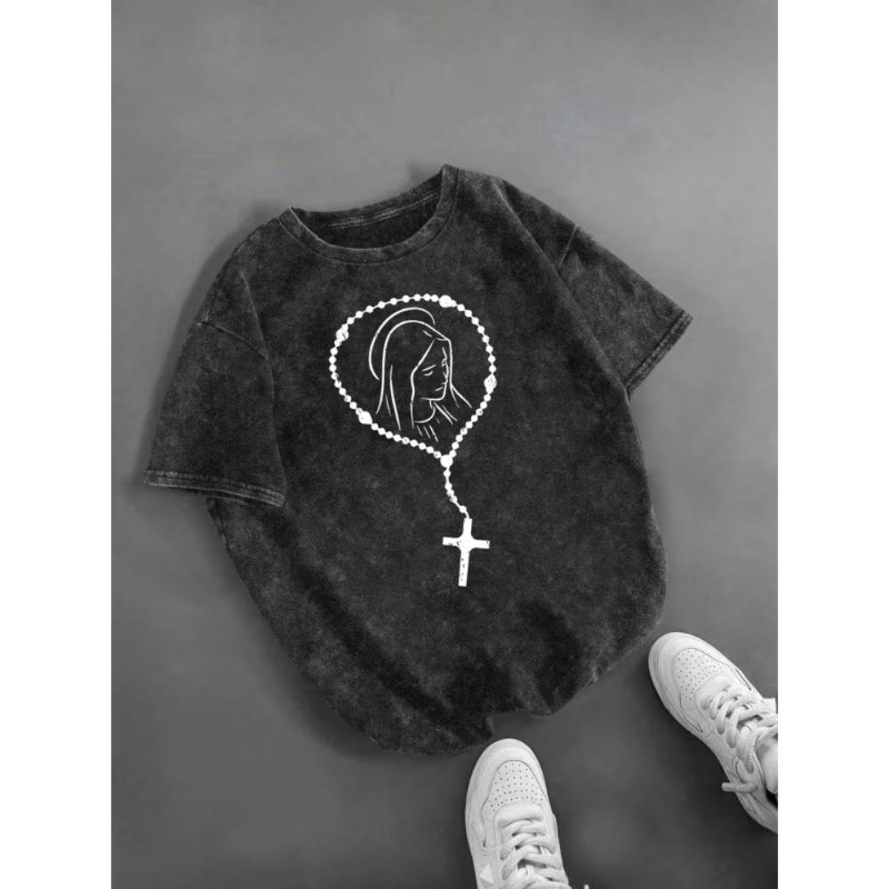 Vintage Virgin Mary Rosary Print T-Shirt Oversized Gothic Cross Graphic Tee Casual Crew Neck Top S