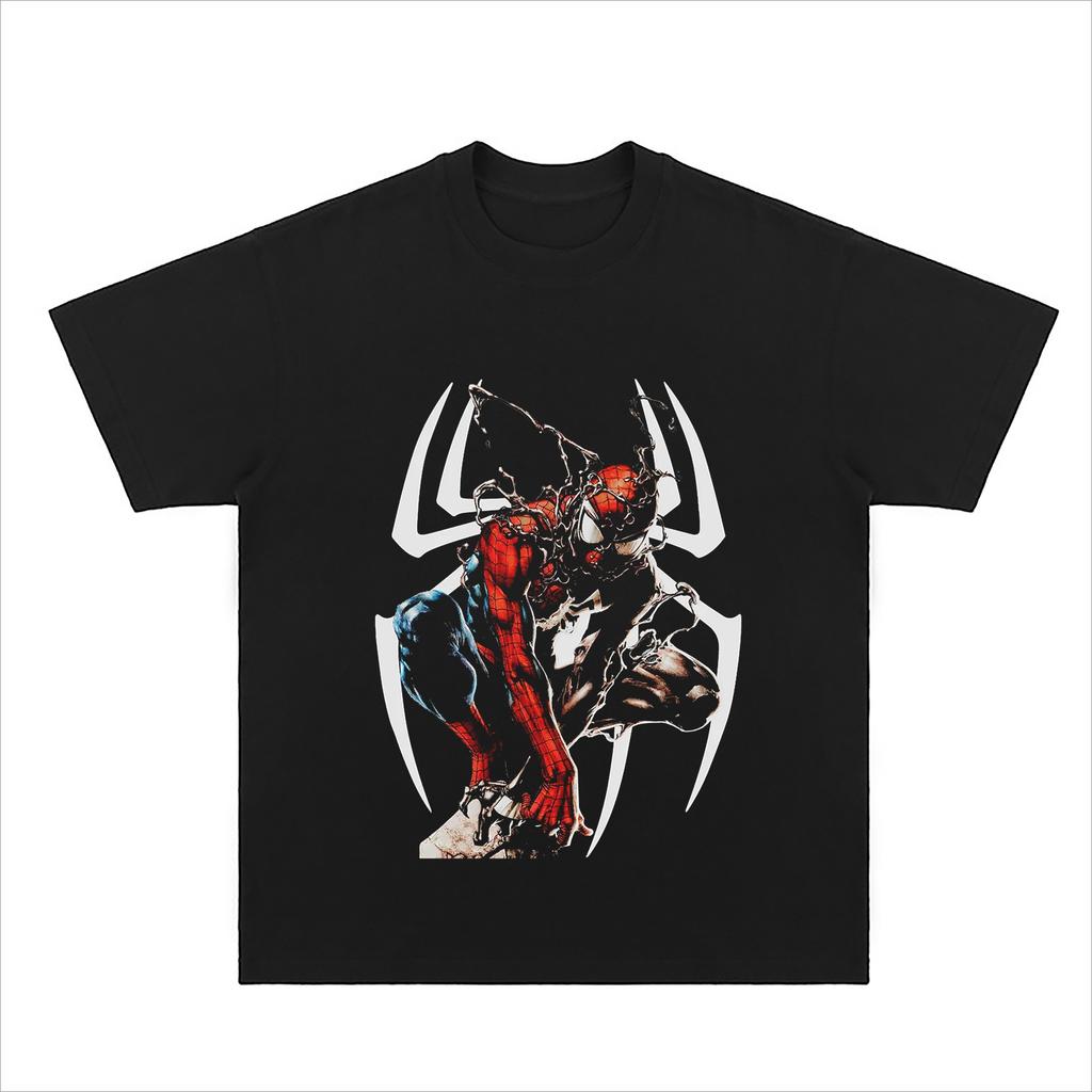 2025 Summer Marvel's Spider-Man Venom Anime Heavyweight Pure Cotton Short-sleeved Vintage American Retro O-neck T-shirt