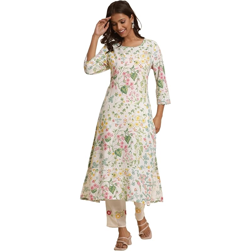 W Women White Floral Print Viscose A-Line Kurta_24FEW10592-121987_S