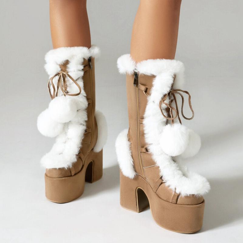 2024 Нові зимові жіночі зимові черевики Жіноче взуття зі штучним хутром на товстій підошві на високих підборах Жіночі плюшеві теплі нековзні черевики до середини ікри