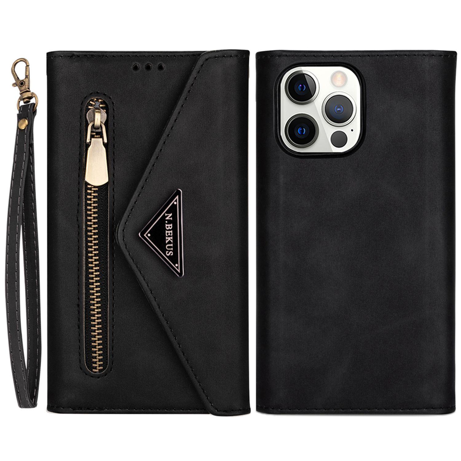 

N.BEKUS Кожаный чехол-кошелек с карманом на молнии и подставкой для iPhone 15 Pro Max с коротким+длинным ремешком Black