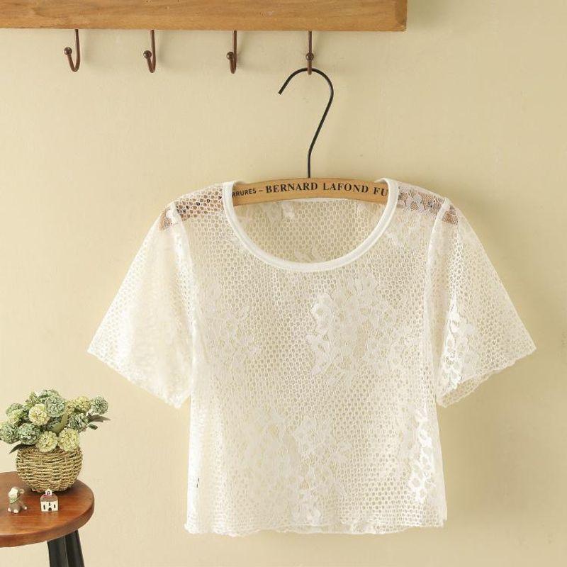 

Thin Gauzy Lace Shirt High Waist Short round Neck Blouse Outer Wear Loose Casual Voile Transparent Mesh Fairy Tops White flat mouth 3XL