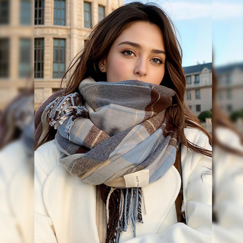

Korean Style Tassel Thick Thermal Scarf Women Winter Plaid Print Long Warm Shawl Costume Accessories синий