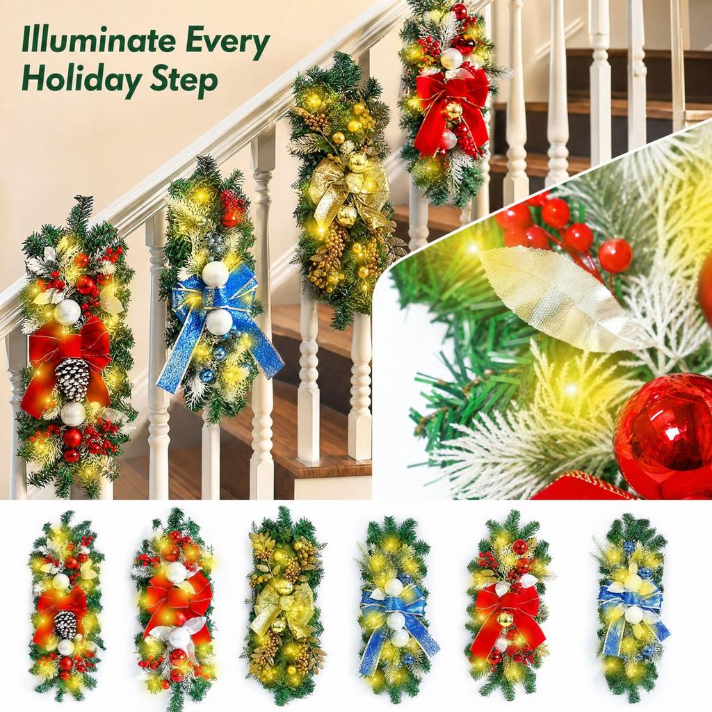Pre-Lit Cascading Christmas Staircase Garland with and Ornaments for Fireplace, Wall and Mantel Decor