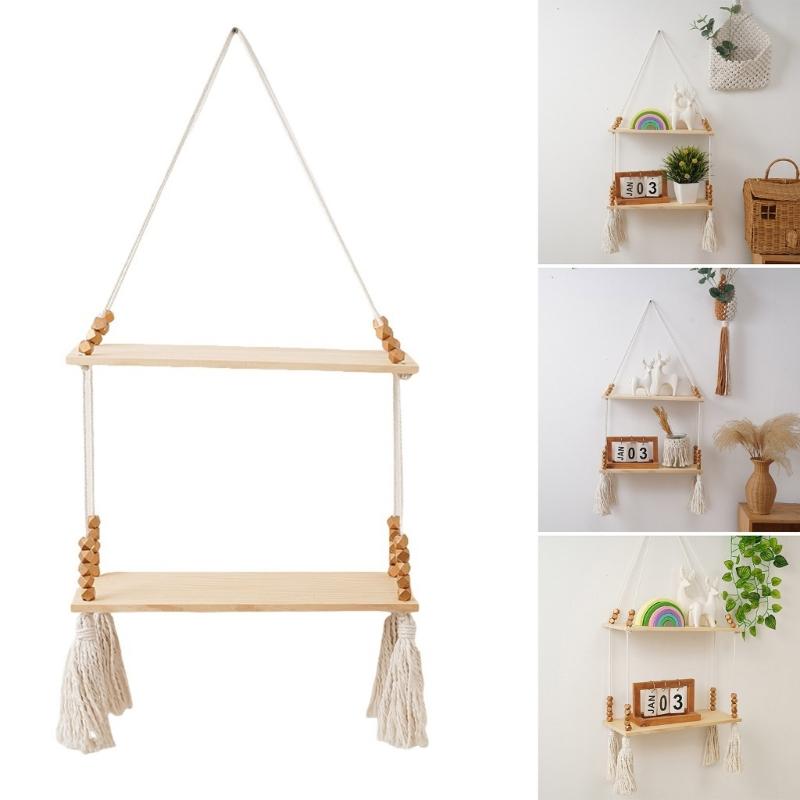 Unique Decorative Floating Tassels Shelf Wood Wall Mounted Storage Rack for Living Room Stylish Bedroom Organizer
