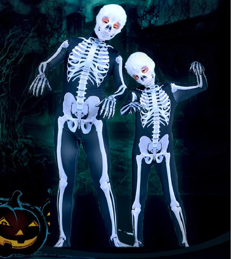 Unisex Parent-child Skeleton Man Costume Jumpsuit With Spooky Mask For Halloween Fun