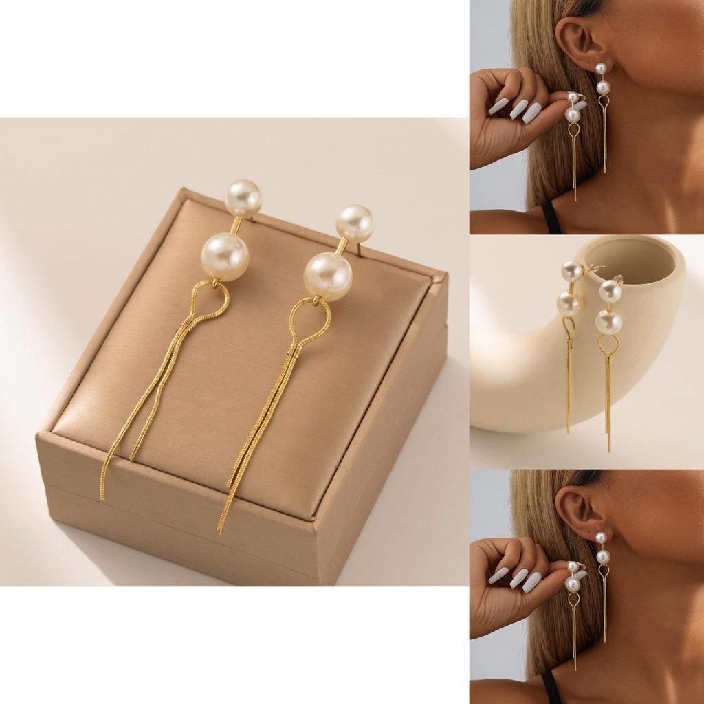 Long Chain Faux Pearl Earrings For Women Gold Plated Geometric Design