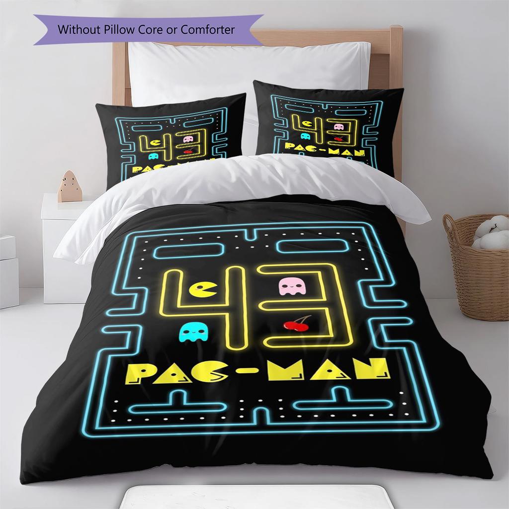 Pościel z wzorem Pac-Man, Zestaw kołdry Poszewka na kołdrę Poszewka na poduszkę Domowy prezent urodzinowy (1 * poszwa na kołdrę + 2 * poszewki na poduszki, bez rdzenia)